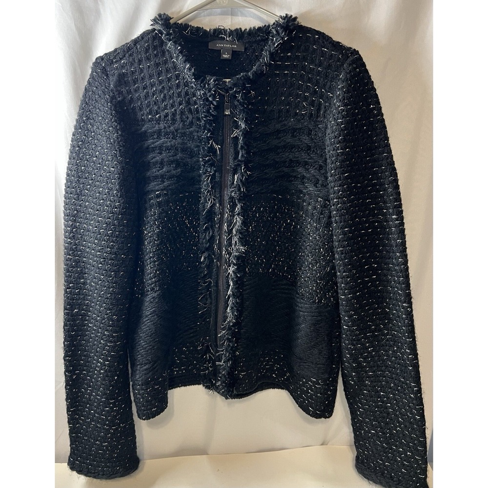 Women's Ann Taylor Wool Knit Metallic Detail Zip Up Jacket Large